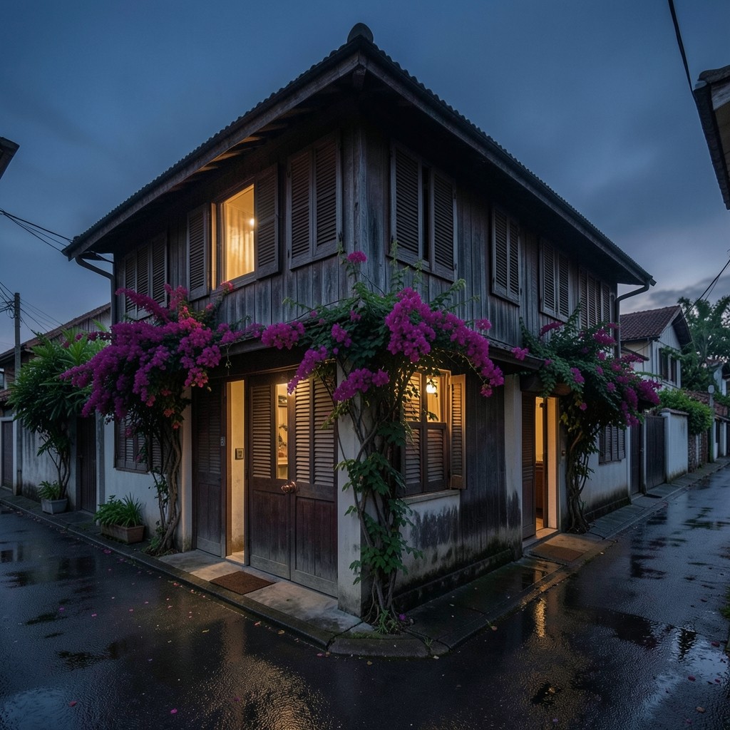 A modest two-storey shophouse office on a quiet southern Thai lane at dusk