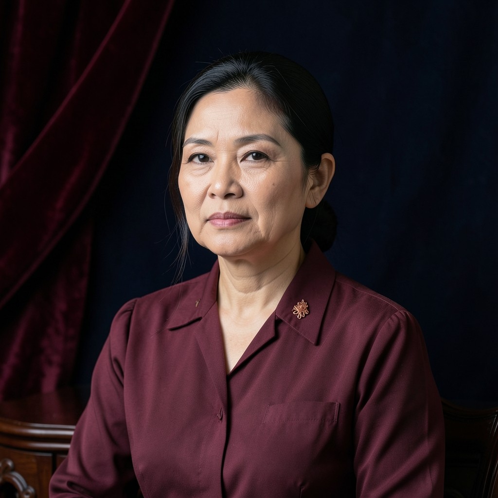Portrait of Lalita Chaiyasit, principal planner, in a burgundy blouse against a dark velvet background
