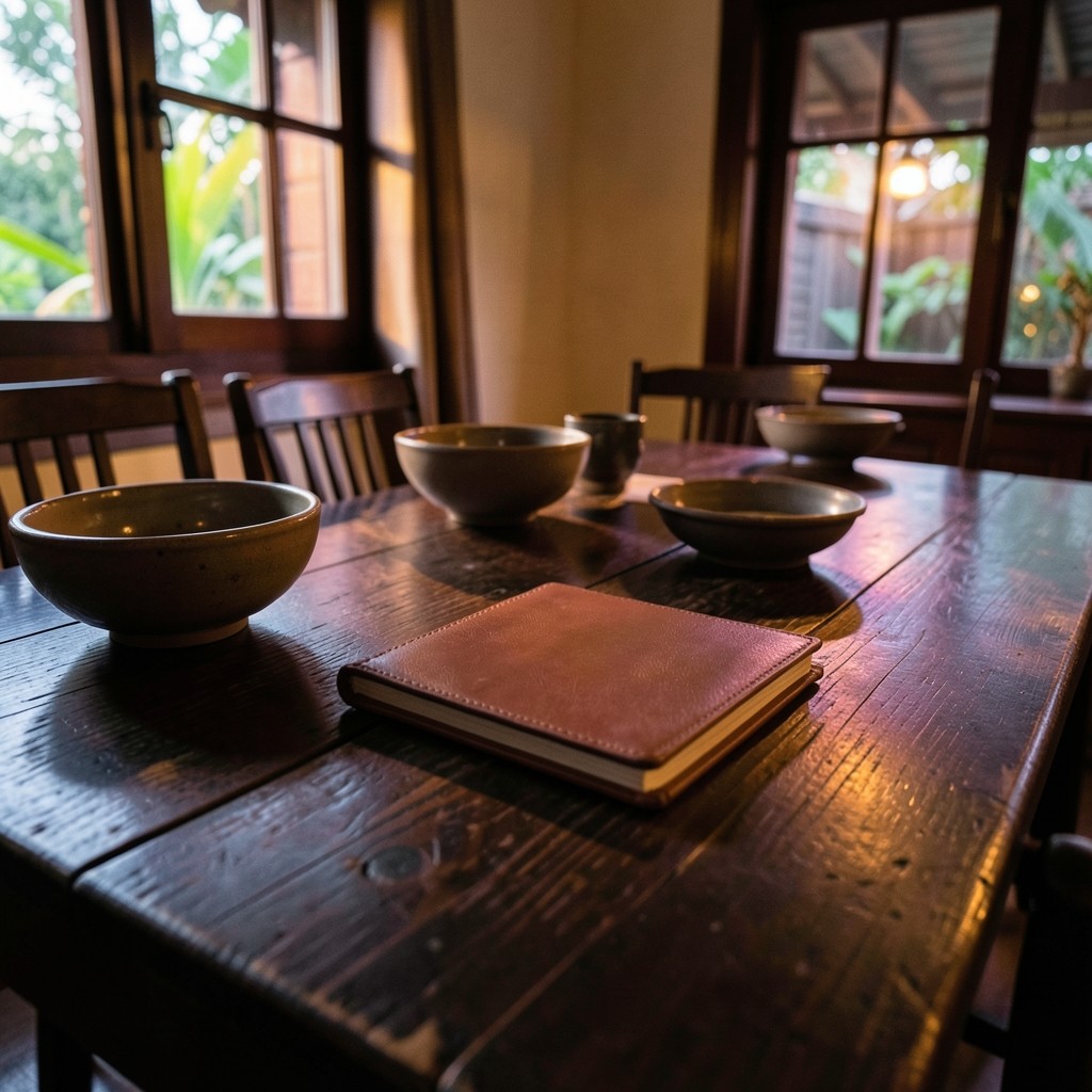 An evening dining table in a southern Thai home with a closed notebook after a meal