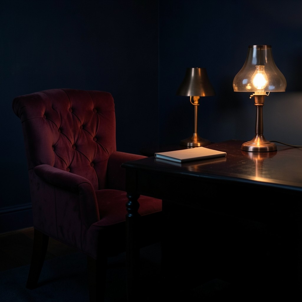 An empty velvet chair at a lacquered desk with a closed folder and a copper lamp