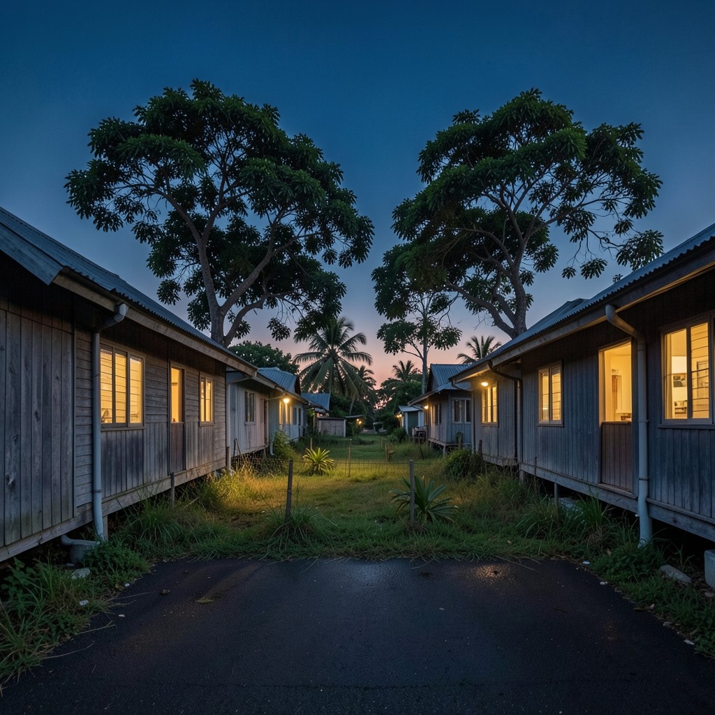 A quiet coastal residential lane at dusk with a fenced empty plot and warm window light