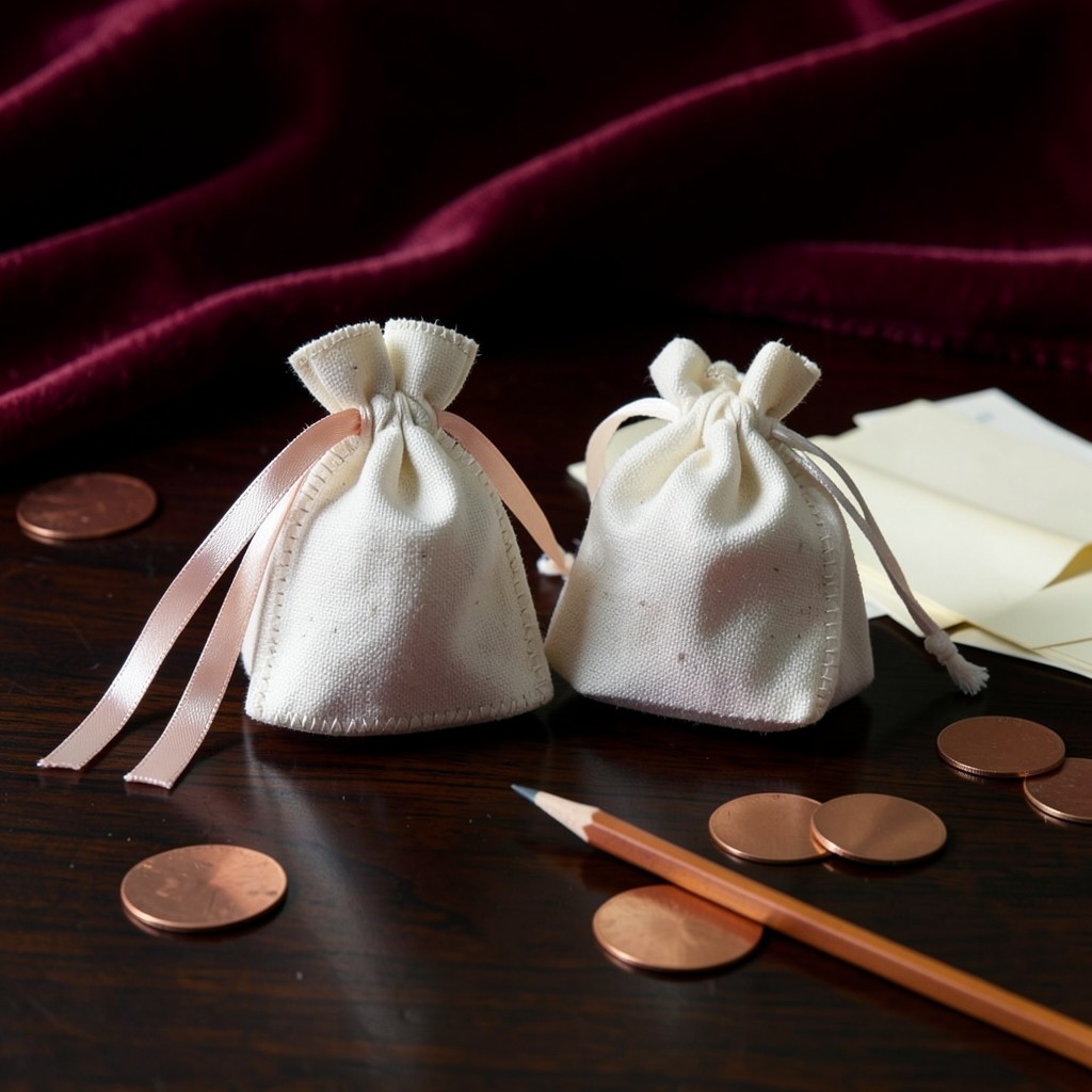 Two small fabric pouches and blank cards on dark lacquered wood
