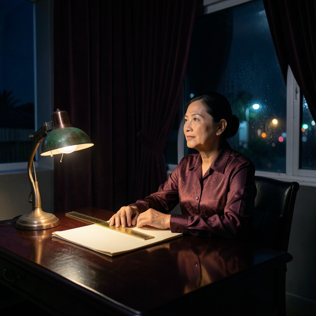 A planner in a burgundy blouse reviews papers at a lacquered desk under a copper lamp