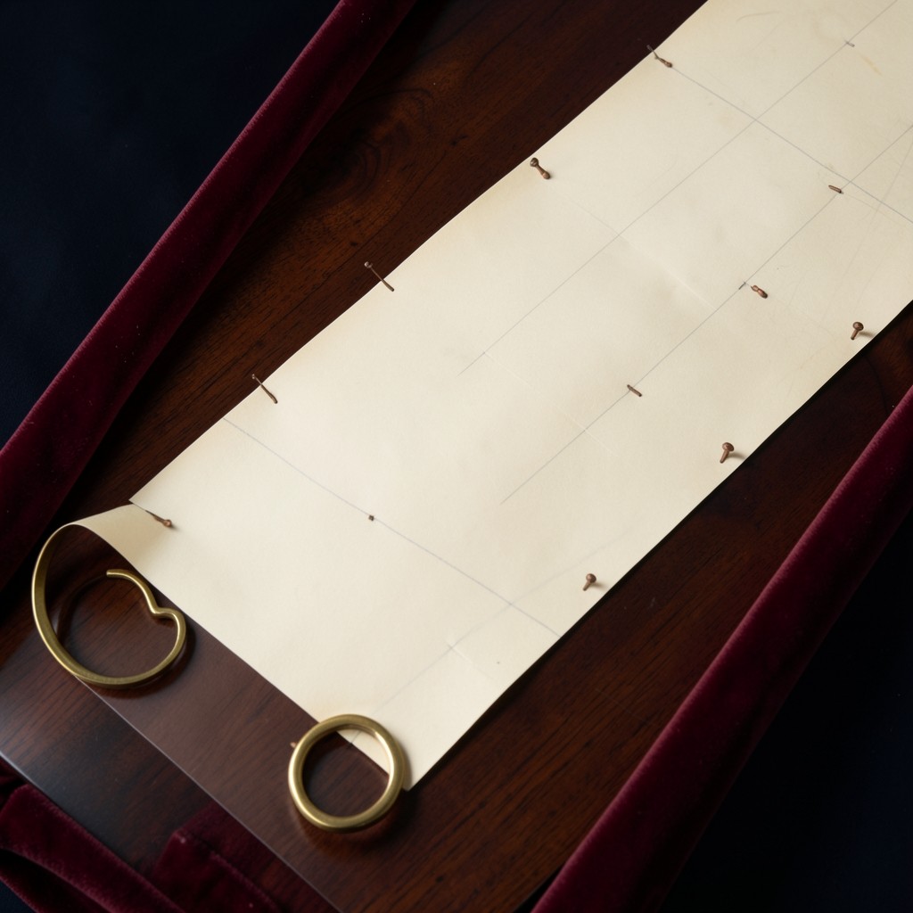 A long sheet of ivory paper with copper pins along a faint line on lacquered wood