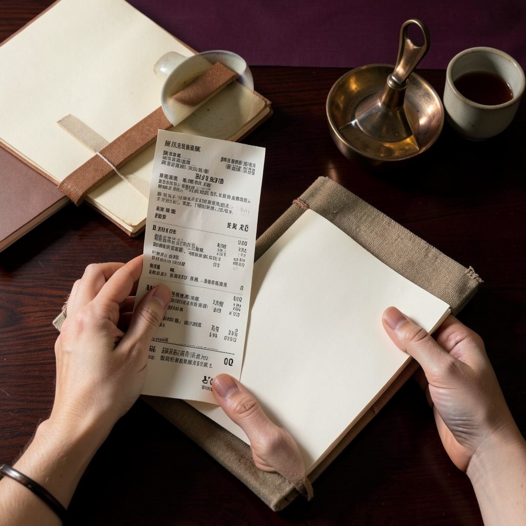 Hands arranging household receipts and a blank notebook on dark wood