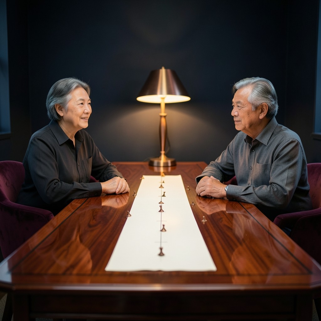 Two adults reviewing a long blank paper timeline on a lacquered table under a copper lamp