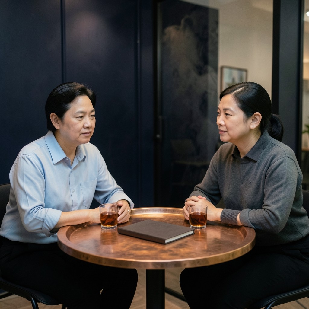 Two adults at a small evening table with tea glasses and a closed folder