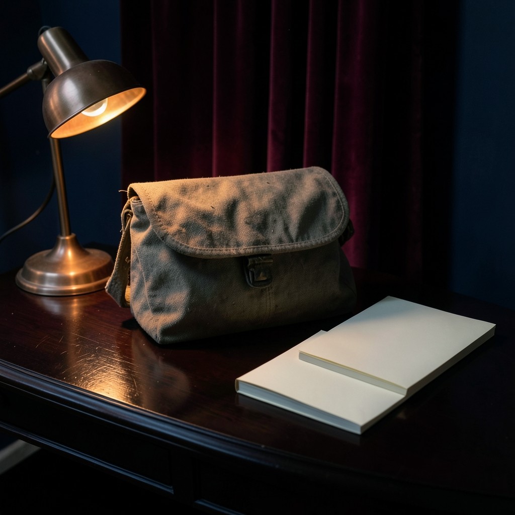 A cloth satchel, blank envelopes, and a copper lamp on a lacquered desk