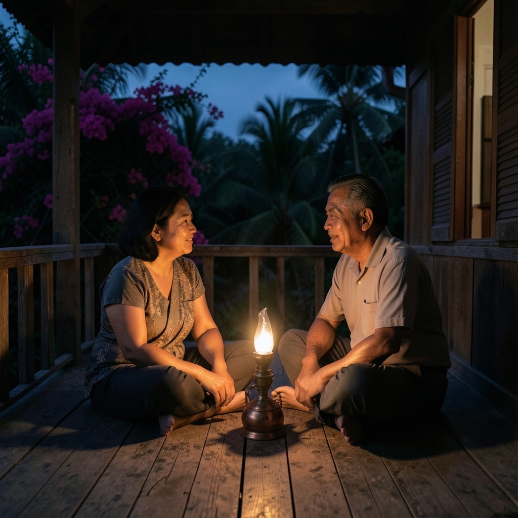Two adults in conversation on a wooden veranda at night